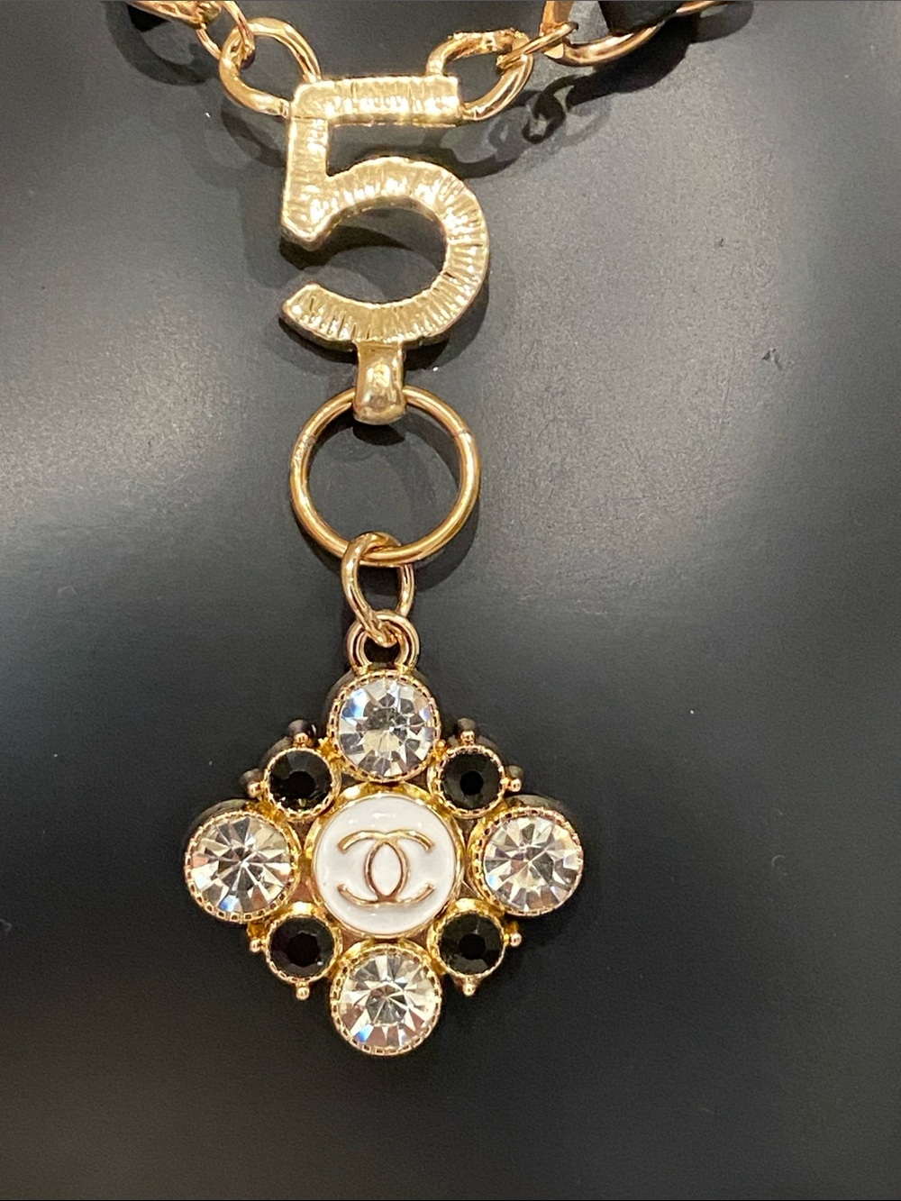 Black Gold-Tone Linkchain Necklace  And Chanel CC  Crystal Fleur Pendant